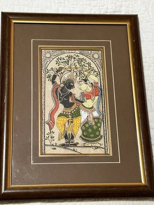 PINTURA SOBRE SEDA Radha Krishna Hecho a Mano Religioso Indio Enmarcado Bajo Vidrio Foto 1 de 4