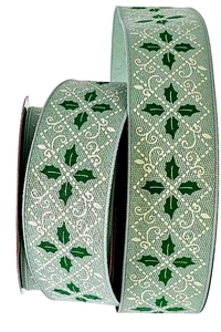 Holly Leaf 1.5” by 2 yds White on Green Wired Ribbon Christmas Gift Wrap Winter - Picture 1 of 2