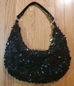 Vintage Retro Y2K Stil schwarz Pailletten Perlen Schultertasche lässig Handtasche Millennial - Bild 1 von 12