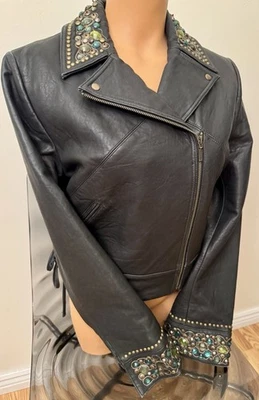 Chaqueta de cuero negra Double D Ranch rara con joyas para mujer grande Western Cross Foto 1 de 4