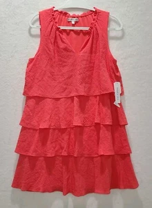 NWT Robbie Bee Tiered Ruffle Coral Mini Dress Split Neck Size 12P MSRP $79 - Picture 1 of 8