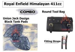Black "Leather Union Jack Tank Pads Combo Fit For Royal Enfield Himalayan 411" - Picture 1 of 12