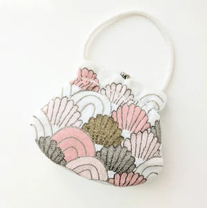 Japanese Vintage Beaded Evening Bag White,Pink Chrysanthemum pattern 7 x 5 in - Picture 1 of 17