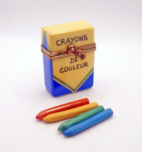 New French Limoges Trinket Box Crayon Box w Colorful Porcelain Removable Crayons