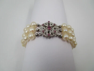 3 Reihen Perlen Armband 19cm Ø 7.1mm Rubin 585 Gold Schmuck 14K Oro perla Akoya - Bild 1 von 4