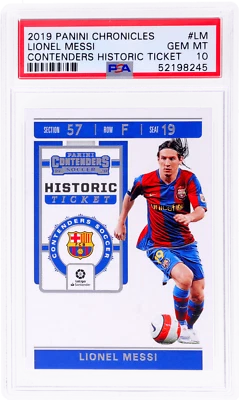 Boleto histórico 2019 Panini Chronicles Lionel Messi Contender #1 PSA 10 Foto 1 de 2