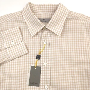 $295 Canali Modern Fit Tan Check Linen Button Up Shirt Made in Italy Mens 2XL - Picture 1 of 12