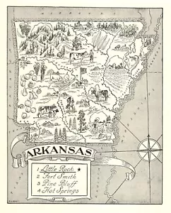 1950s Vintage Arkansas State Map Animated Arkansas Picture Map Decor BW 1101 - Picture 1 of 4