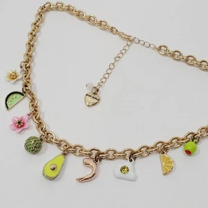 Betsey Johnson Gold Tone Betsey’s Brunch Kitsch Charms Necklace Avocado Egg Lime - Picture 1 of 6