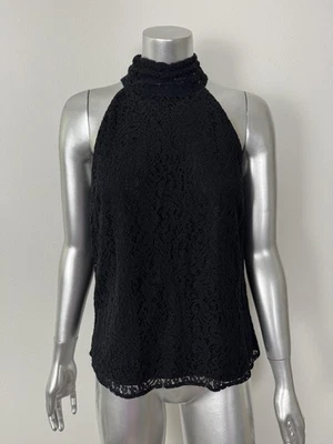 Camiseta sin mangas Express para mujer pequeña negra de encaje cuello alto sin mangas con botones espalda fiesta Foto 1 de 4