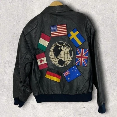 Vintage Wilsons 100% Leather Jacket World Flags Embroidered Patches Mens Coat XL - Image 1 of 4