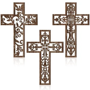 3 Pcs Wooden Wall Hanging Cross Handmade Antique Cross Hanging Decor Religious - Picture 1 of 7