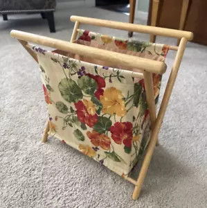 Foldable Sewing Knitting Crochet Yarn Basket Caddy Tote Wood Framed Vintage - Picture 1 of 4