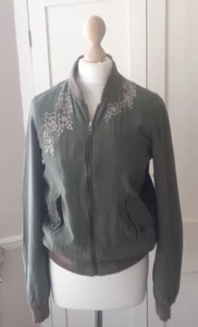 All Saints green silk bomber jacket embroidered lined Size Medium - Picture 1 of 15