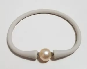 Unisex Beige Silicon Rubber Bracelet Pink/Peach Pearl Stainless Steel Post 7" - Picture 1 of 5