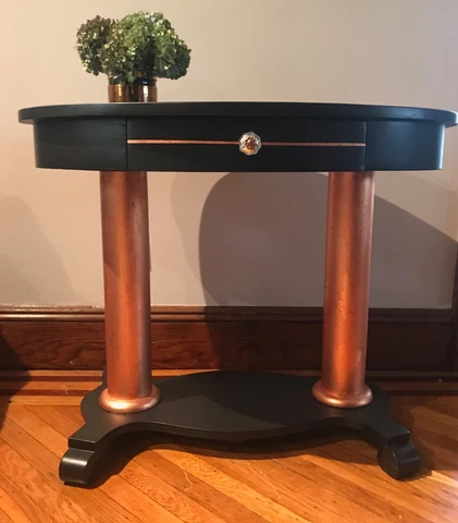 MODERN RESTYLED VINTAGE BLACK ART DECO ACCENT TABLE with Copper Leaf Accent Cover