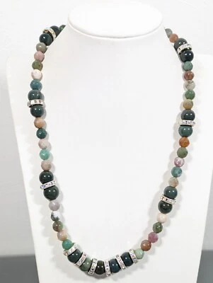 Artisan Boho Green Brown Stone AB Crystal Rhinestone Statement Necklace 20 in - Image 1 of 4