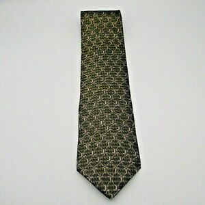 Bill Blass Black Label Men's Necktie Green w/Gold Geometric Pattern Silk 58" x 4