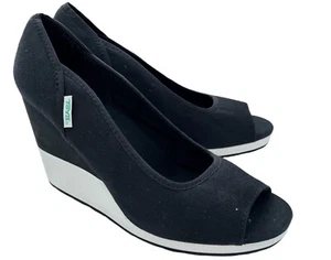 TEVA Mush Promenade Shoe SIZE 7 Black Canvas Open Toe Wedge Heel Slip On 1002049 - Picture 1 of 8