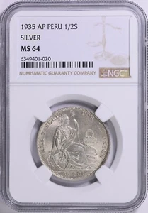 1935-AP Peru Silver 1/2 Sol KM-216 NGC MS-64 - Picture 1 of 3