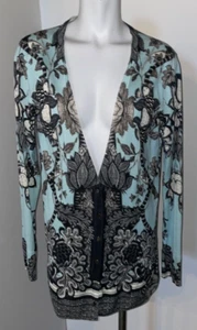 Roberto Cavalli Cardigan türkis schwarz bunt Blumen abstrakt V-Ausschnitt Gr 46 IT - Bild 1 von 10