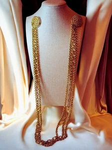 Vintage Doppel Brosche drapierte Kette Halskette - goldfarben Statement Latz - 15" Tropfen - Bild 1 von 4