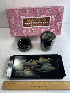 FUZHOU LACQUER 3 Piece Set VTG Tray Hand Painted Asian Scenes on Wood 60/70's - Bild 1 von 24
