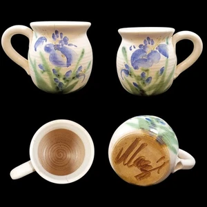 Vintage Artist Signed Pottery Pitcher Cup Mug Blue Iris Flower Coilpot Hand Made - Picture 1 of 9