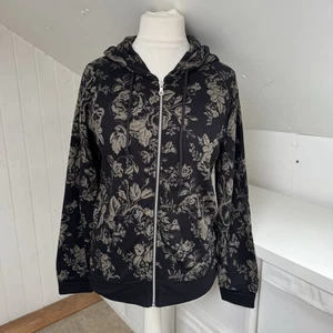 Cabbages & Roses Hoodie Size L Black & Tan Floral Cotton Jersey Pockets Uniqlo - Picture 1 of 10