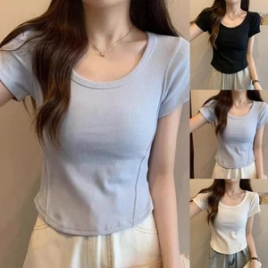 T-shirt été col U pour femme coupe slim manches courtes rétro top pour tenues - Picture 1 of 48