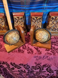 Vintage Spinning World Globe Bookends Matching Pair Wooden - Picture 1 of 8