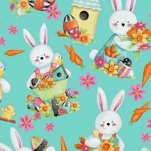 Fabric Easter Bunny Rabbit Toss on Aqua Henry Glass Cotton 1/4 Yard 2575-76 - Picture 1 of 7