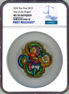 The Power of Green Dragon 5 oz Silver Coin NGC 70 FR POP 4 10$ Niue 2024 - Picture 1 of 8
