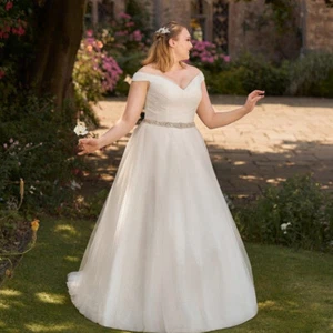 Plus Size Off Shoulder Wedding Dresses V Neck Long Sleeves A-Line Bridal Gowns - Picture 1 of 8