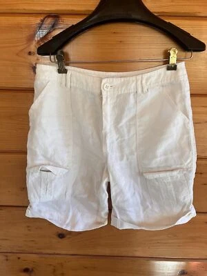 Bermuda cargo Coldwater Creek feminina 100% linho ajuste natural 6 botão bainha flip-up - Imagem 1 de 4