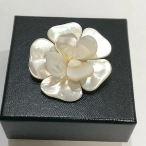 CHANEL White Camellia Flower Shell Motif Brooch Gold Tone 01A Pin Auth w/Box #11 - Picture 1 of 9