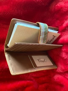 FOSSIL STRIPE  LEATHER  FLORAL CHECKBOOK WALLET  PATCHWORK ONE OWNER EXCELLENT - Picture 1 of 7