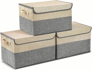 3 Pack Foldable Storage Box, Clothing Boxes with Lids and Handles Linen Baskets - Picture 1 of 9