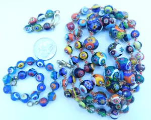 Vtg Murano Millefiori Venetian Glass Bead Necklace Bracelet Earring Set Art Deco - Picture 1 of 13