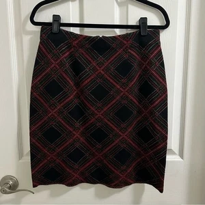 J. McLaughlin Plaid Pencil Mini Skirt Women’s size Medium Black Red Green Gold - Picture 1 of 12