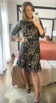 Tadashi Shoji Size 6 Black Nude Lace Embroidered 3/4 Sleeve Belted Dress - Image 1 of 4