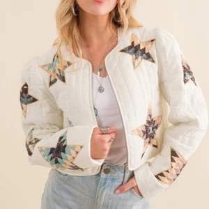 azul. Colección MED Acolchado Multi Estrella Bordado Acolchado Cremallera Chaqueta Spot - Imagen 1 de 14