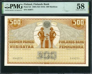 Finlandia 1909 (1918) 500 Markkaa P23 PMG 58 AUNC - Foto 1 di 2