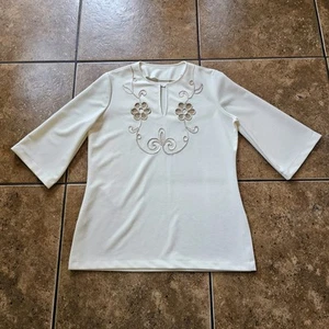Vintage 70s Boho Top Tunic Beige Floral Bell Sleeves Cottagecore Hippy Wicker - Picture 1 of 10