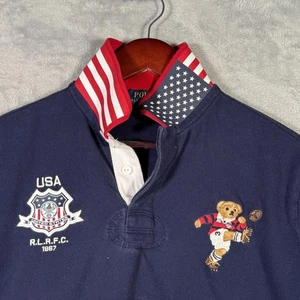 Ralph Lauren Polo Shirt Mens L Blue Custom Slim Fit Rugby Kicker Bear USA Flag - Picture 1 of 11