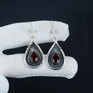 925 Sterling Silver Red Garnet Gemstone Dangle Earring Jewelry Handmade Jewelry - Picture 1 of 7