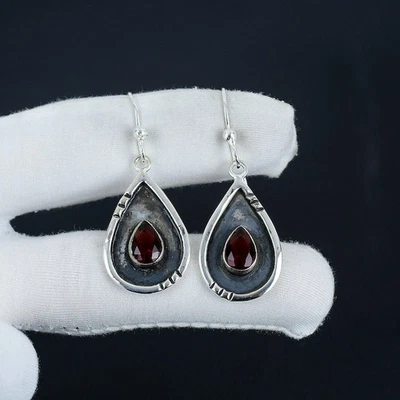 925 Sterling Silver Red Garnet Gemstone Dangle Earring Jewelry Handmade Jewelry - Image 1 of 4