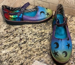SOLETECH Größe 8 handbemalte Leder Mary Jane STARS MOONS METALLIC Kunst Schuhe - Bild 1 von 8