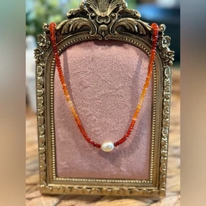 Fire Gemstone Necklace with Pearl Center Center 14K Clasp - Picture 1 of 6