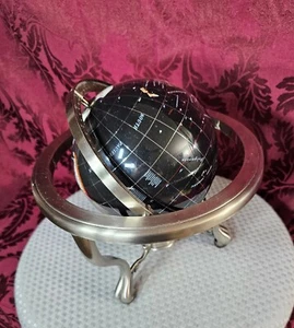 14" Black Ocean Silver 3- Leg Table Stand Gem MOP Gemstone World MAP Globe - Picture 1 of 9